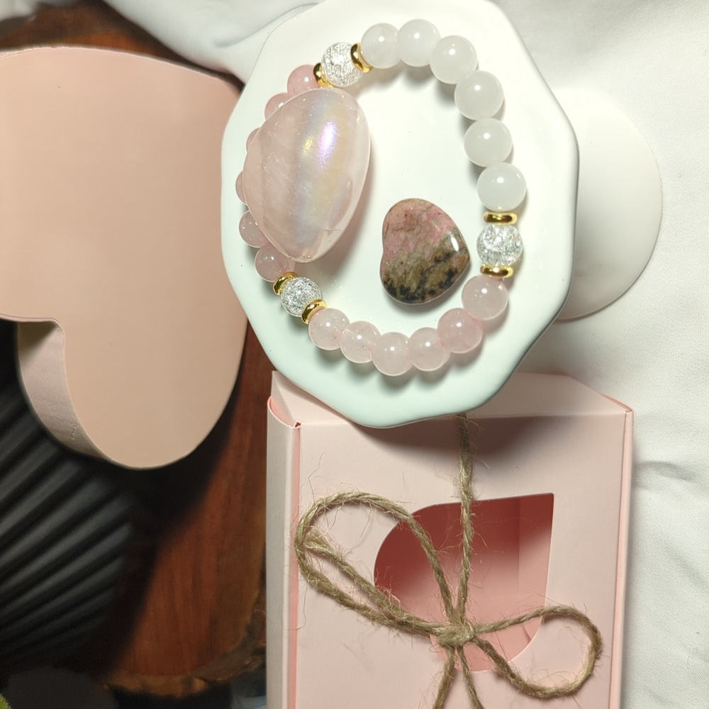 Rose Quartz, Moonstone,8mm Bracelet,Aura Quartz Tumble Rhodonite